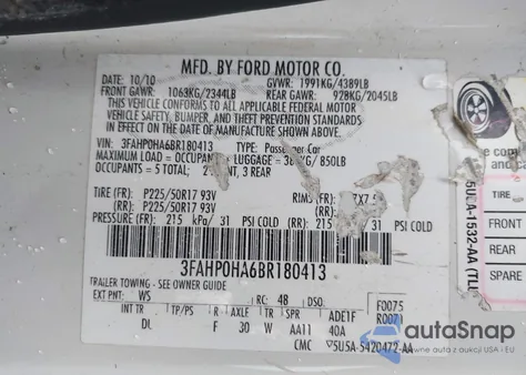 2011 Ford Fusion Se z USA, uszkodzony, nr VIN 3FAHP0HA6BR180413